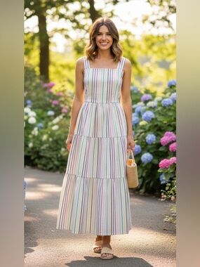 J Crew Tiered Rainbow Stripe Maxi Dress in Cotton Poplin